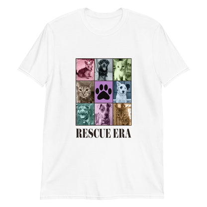 White t-shirt with a grid of dog and cat images and 'RESCUE ERA' text on a white background