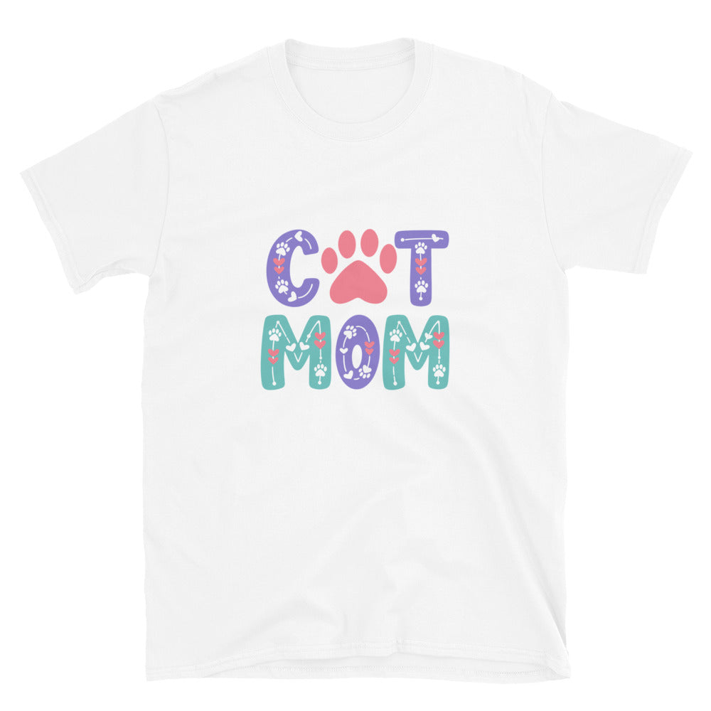 White t-shirt with 'Cat Mom' text and paw print design on a white background