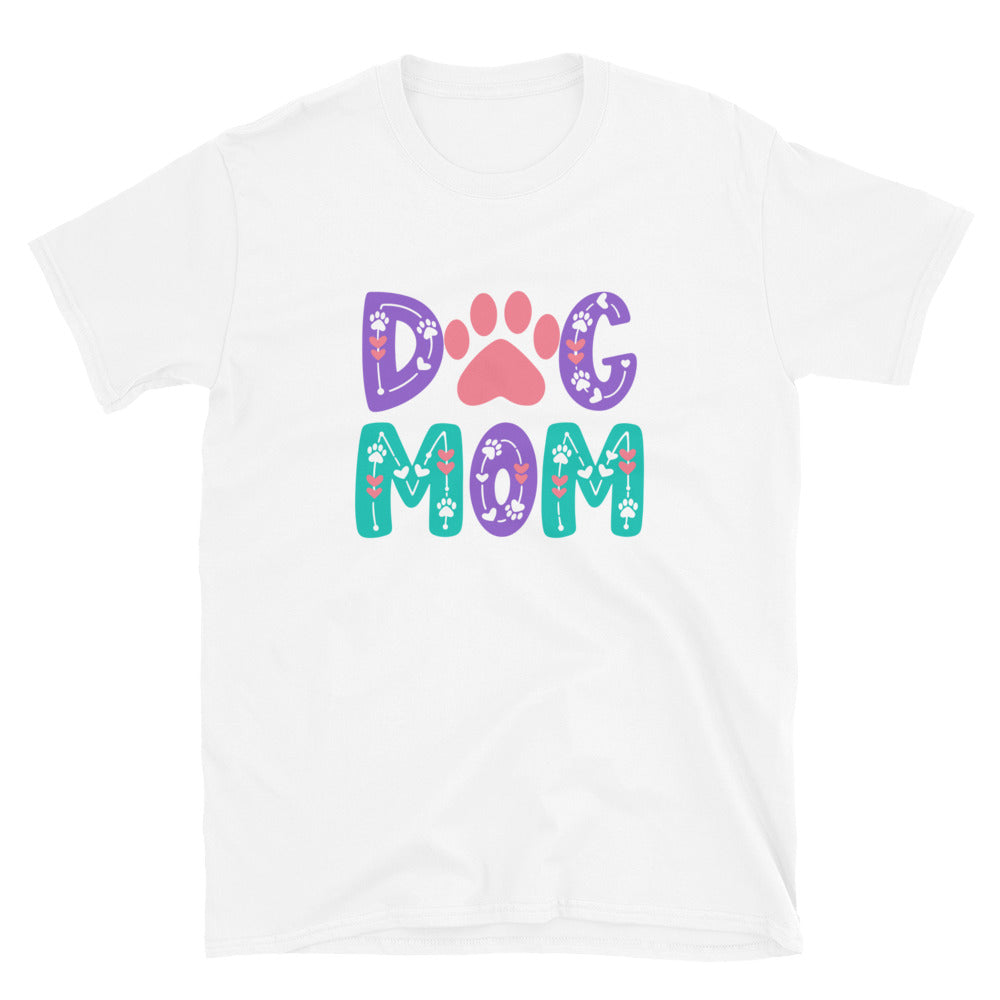 White t-shirt with 'Dog Mom' text and paw prints on a white background
