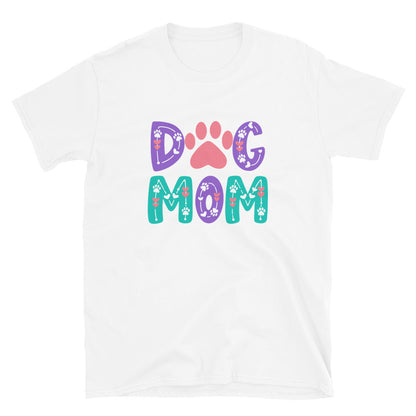White t-shirt with 'Dog Mom' text and paw prints on a white background