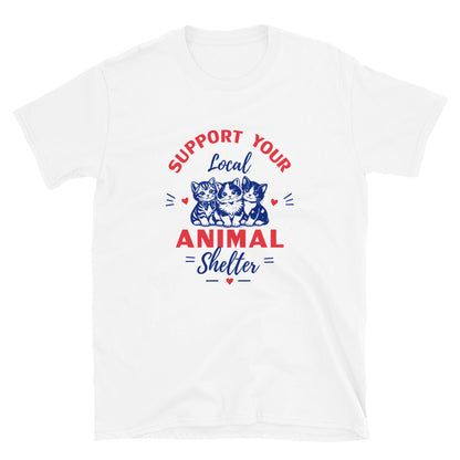 White t-shirt with 'Support Your Local Animal Shelter' text and cat illustrations on a white background