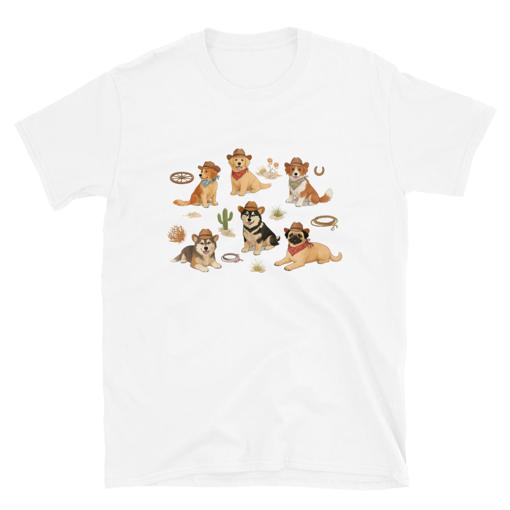 White t-shirt with cartoon dog illustrations on a white background