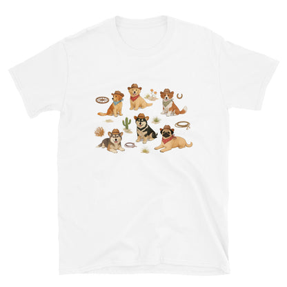 White t-shirt with cartoon dog illustrations on a white background