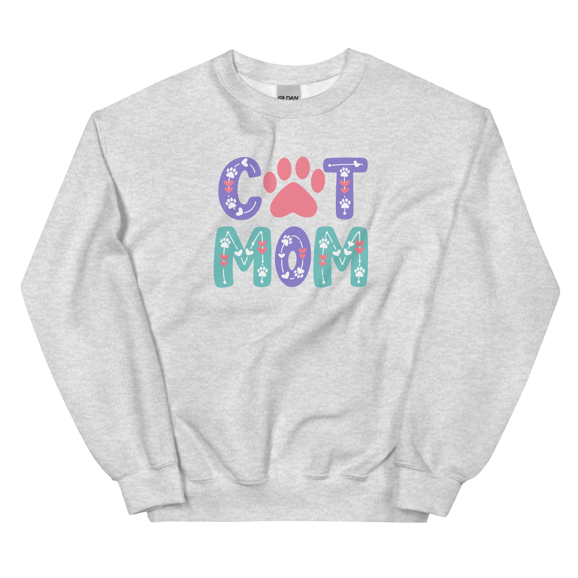 Gray sweatshirt with 'Cat Mom' text and paw prints on a white background