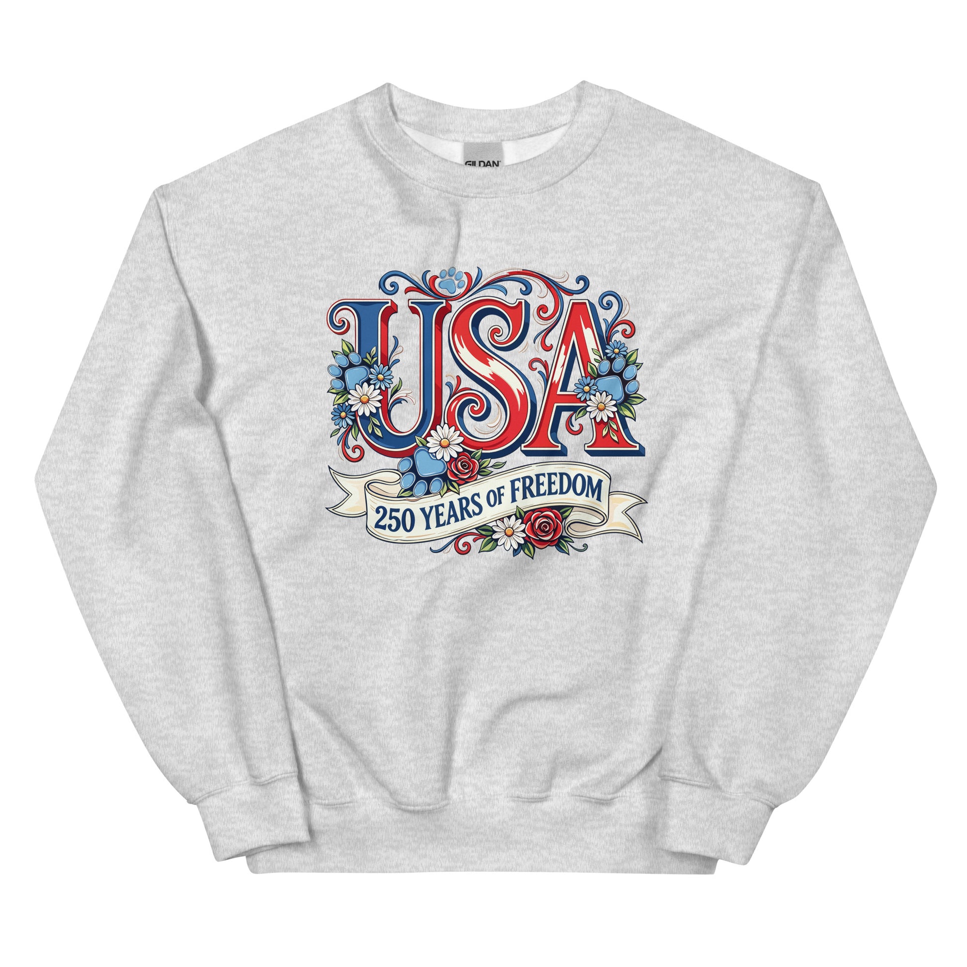 Gray sweatshirt with 'USA 250 Years of Freedom' design on a white background
