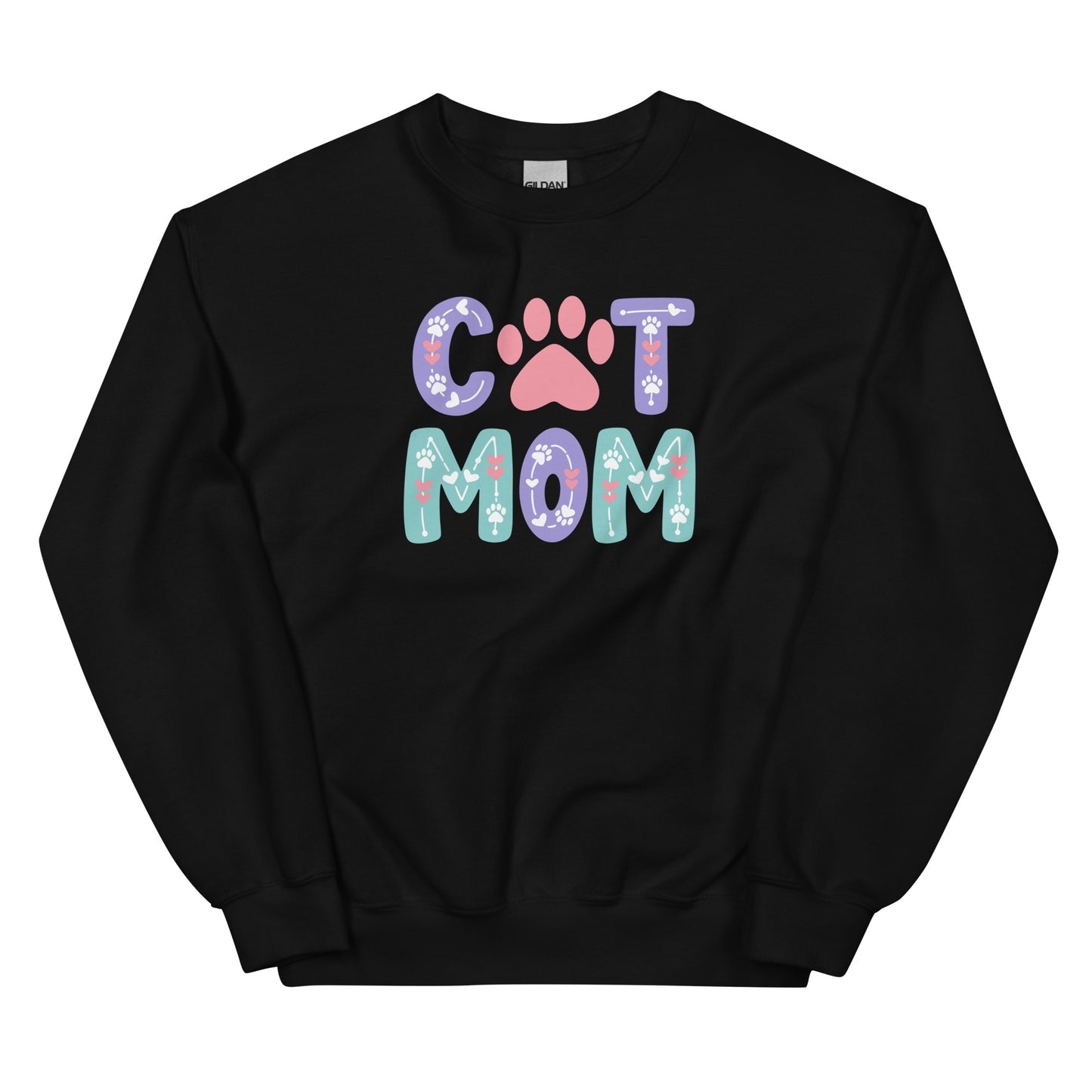 Black sweatshirt with 'Cat Mom' text and paw print design on a white background