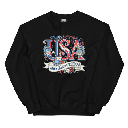 Black sweatshirt with 'USA 250 Years of Freedom' text and floral design on a white background