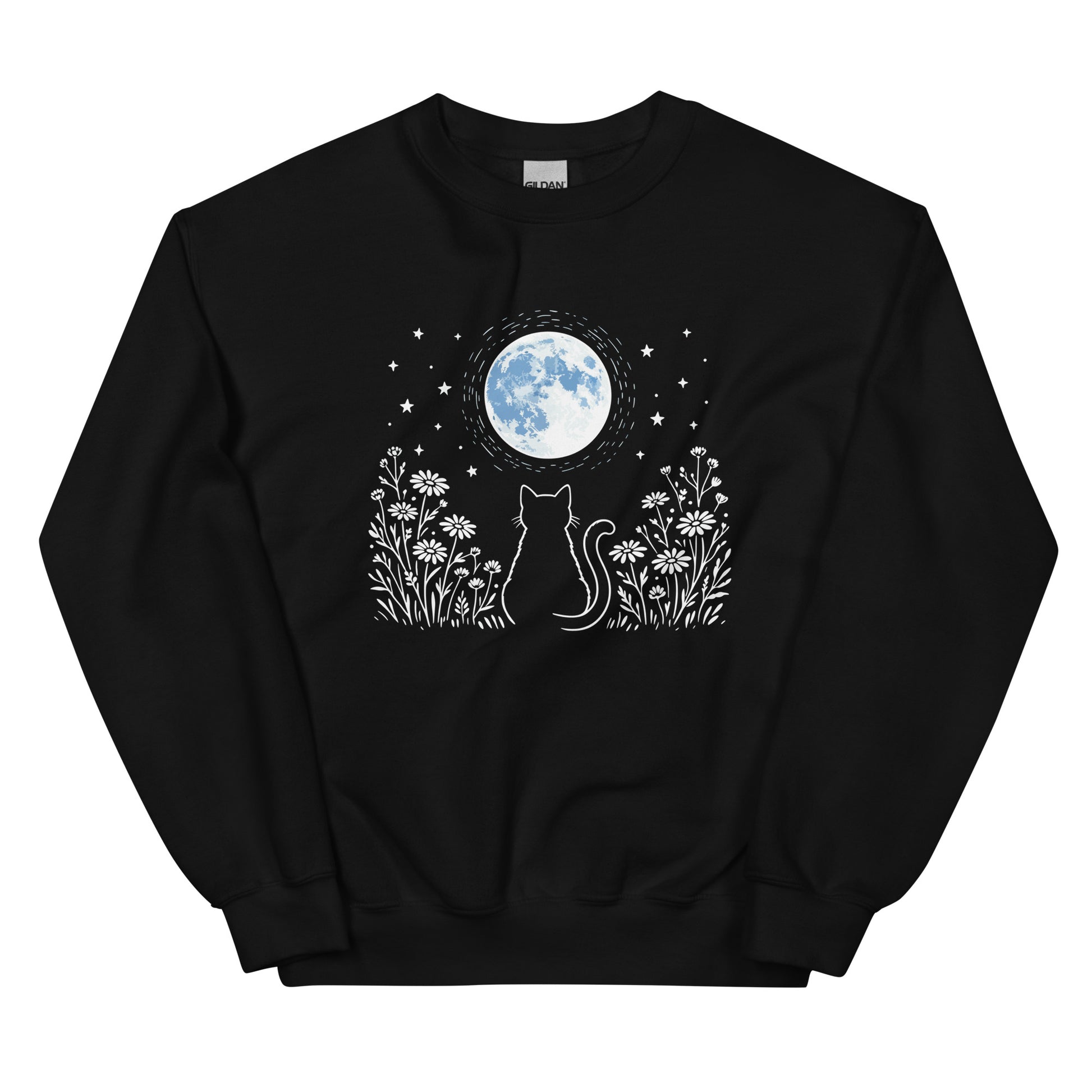 Black sweatshirt with a cat and moon design on a white background