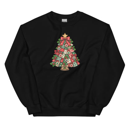 A black crewneck sweatshirt featuring a festive Christmas tree graphic on the chest, decorated with red and green plaid patterns, ornaments, and a gold star and bell.
