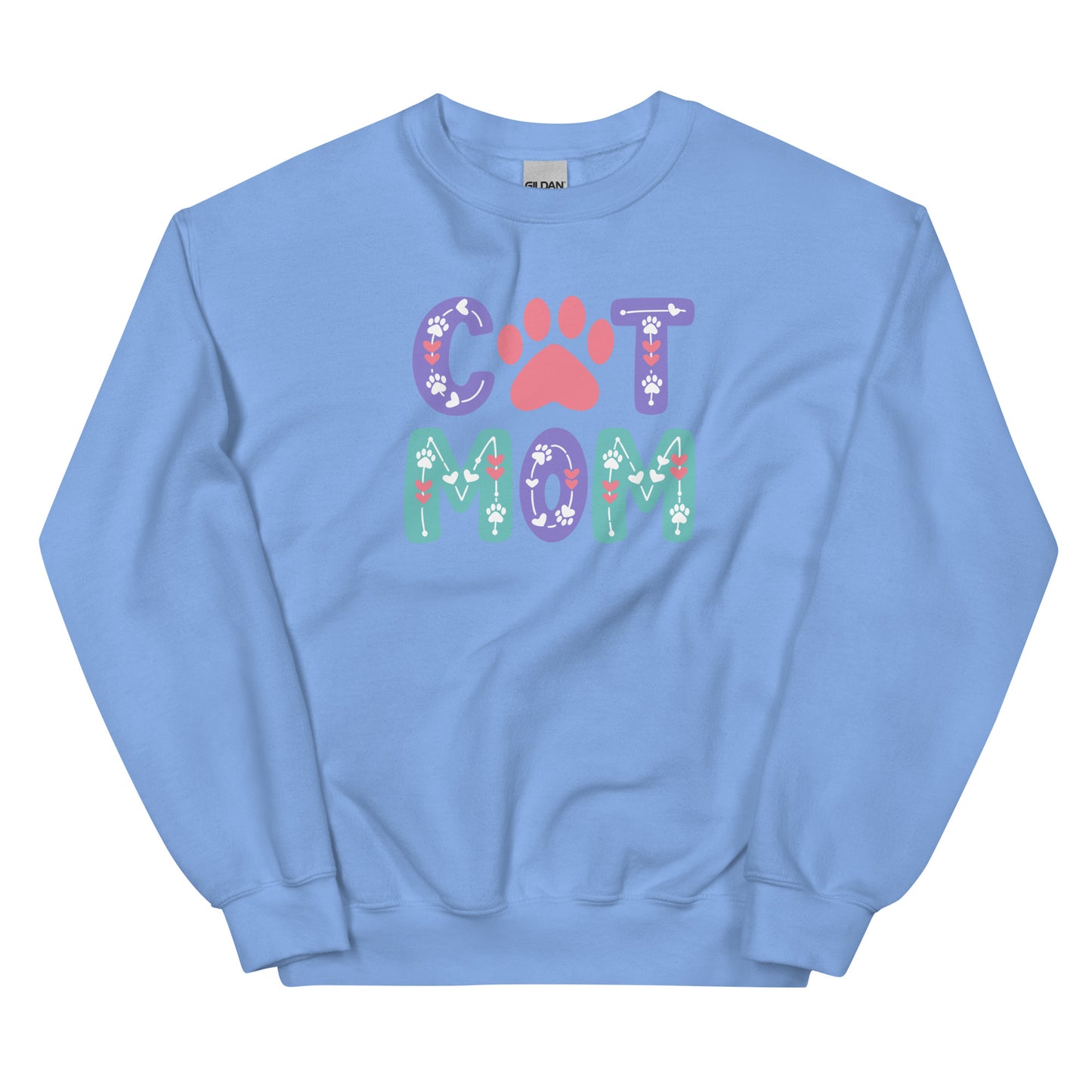 Light blue sweatshirt with 'Cat Mom' text and paw print design on a white background