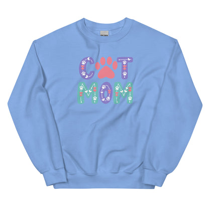 Light blue sweatshirt with 'Cat Mom' text and paw print design on a white background