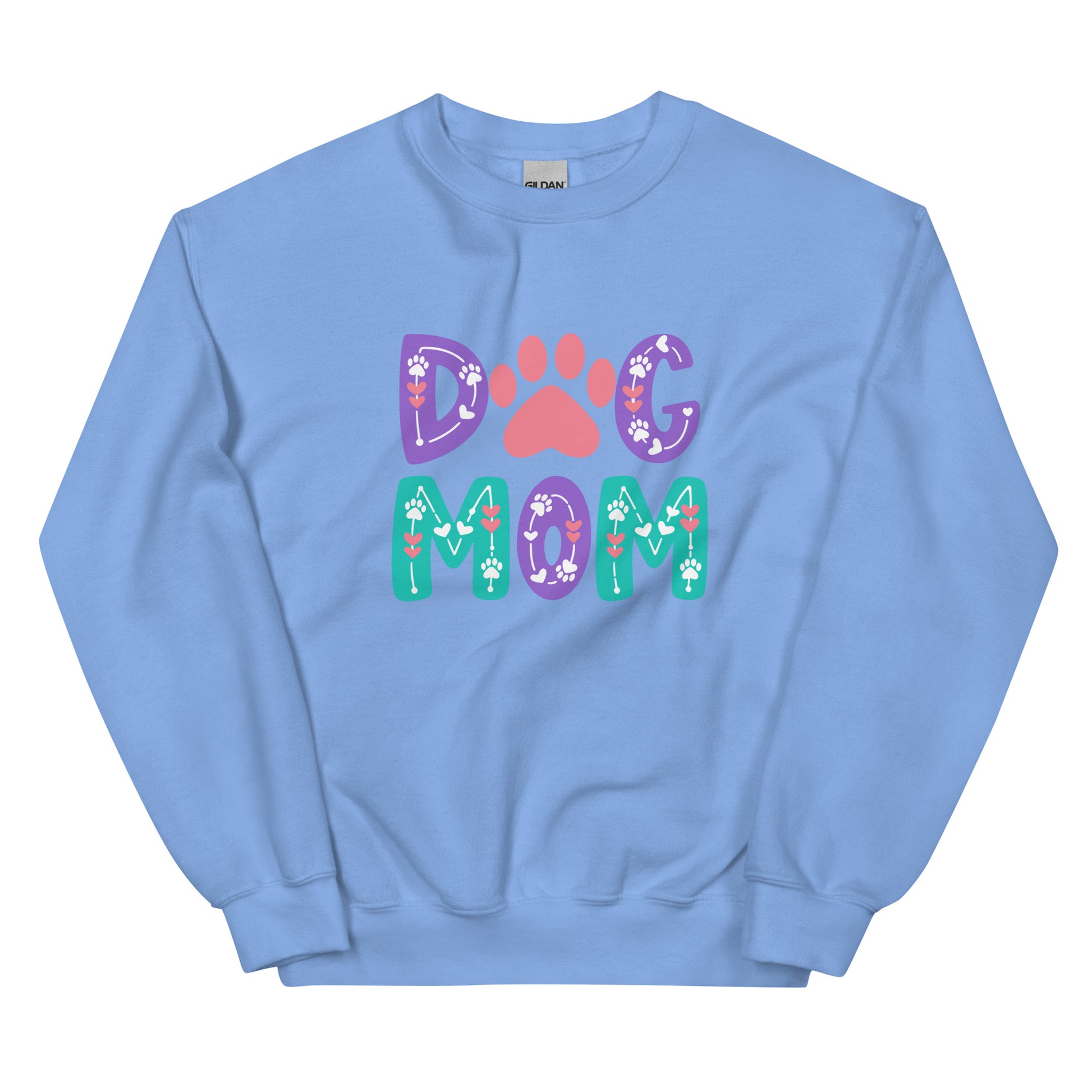 Light blue sweatshirt with 'Dog Mom' text and paw print design on a white background