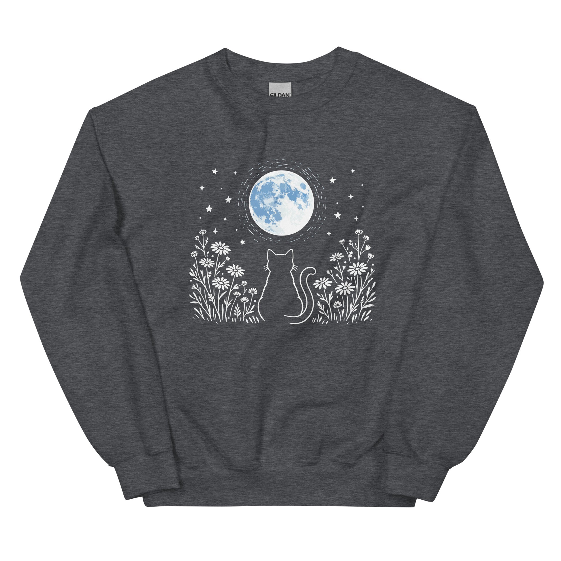 Dark gray sweatshirt with a cat and moon design on a white background