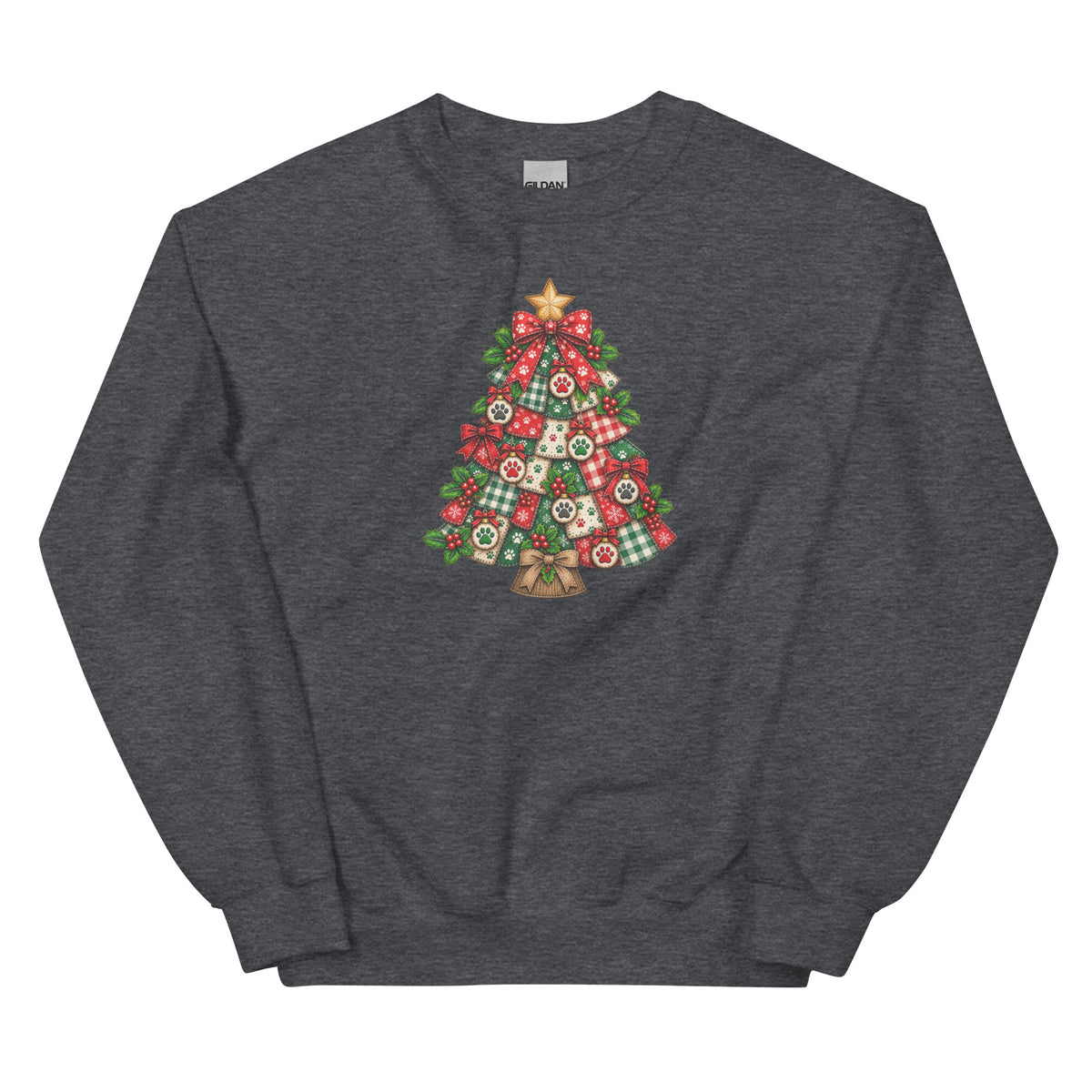 A dark heather gray crewneck sweatshirt featuring a festive Christmas tree graphic on the chest, decorated with red ornaments, green plaid patterns, and a gold star and tree topper, shown against a plain white background.