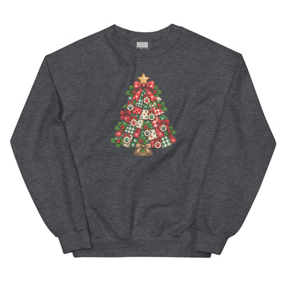 A dark heather gray crewneck sweatshirt featuring a festive Christmas tree graphic on the chest, decorated with red ornaments, green plaid patterns, and a gold star and tree topper, shown against a plain white background.