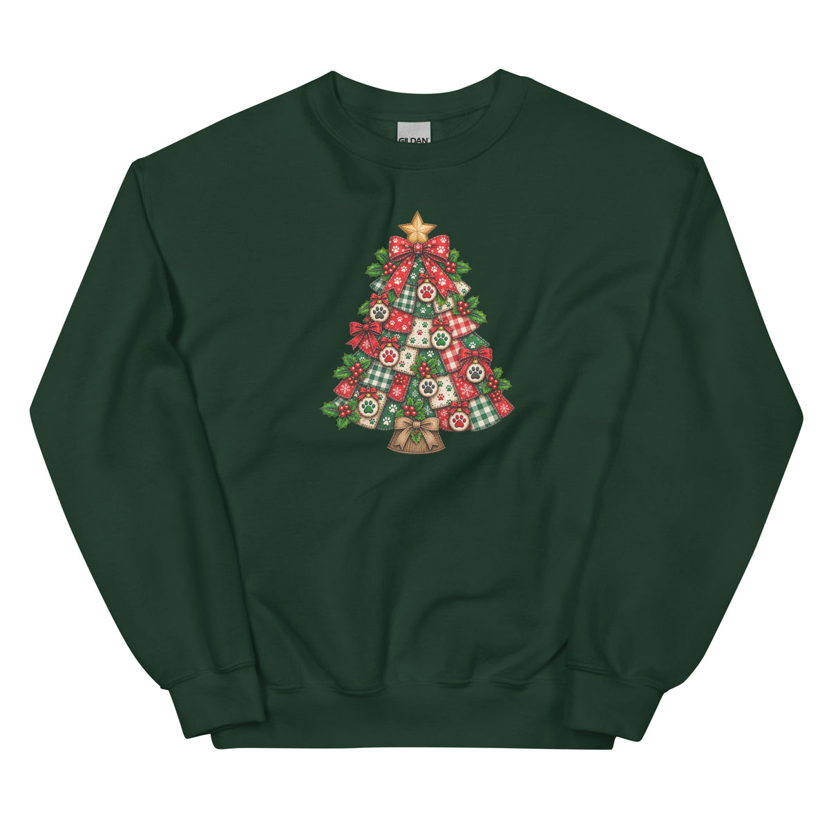 A dark green crewneck sweatshirt featuring a festive Christmas tree graphic on the chest, decorated with red ornaments, green plaid patterns, and a gold star and bell.