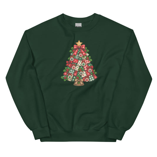 A dark green crewneck sweatshirt featuring a festive Christmas tree graphic on the chest, decorated with red ornaments, green plaid patterns, and a gold star and bell.