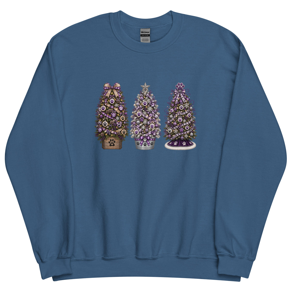 A blue crewneck sweatshirt featuring a graphic print of three Christmas trees decorated with purple and gold ornaments, displayed on a clean white background.