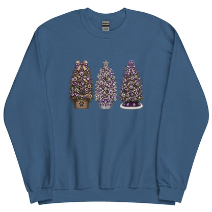 A blue crewneck sweatshirt featuring a graphic print of three Christmas trees decorated with purple and gold ornaments, displayed on a clean white background.
