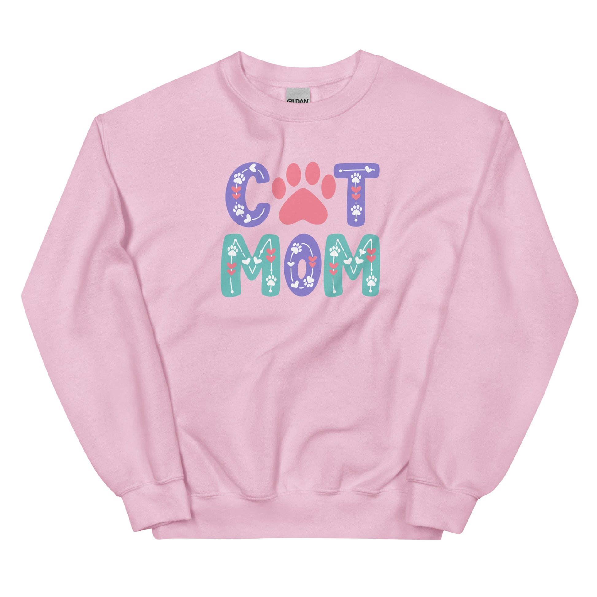 Pink sweatshirt with 'CAT MOM' text and paw print on a white background
