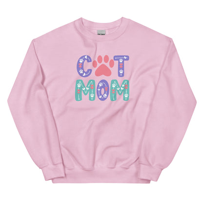 Pink sweatshirt with 'CAT MOM' text and paw print on a white background