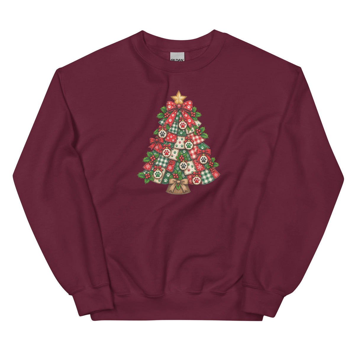 A maroon crewneck sweatshirt featuring a colorful Christmas tree graphic on the chest, displayed against a solid white background.