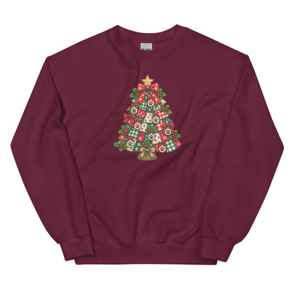A maroon crewneck sweatshirt featuring a colorful Christmas tree graphic on the chest, displayed against a solid white background.
