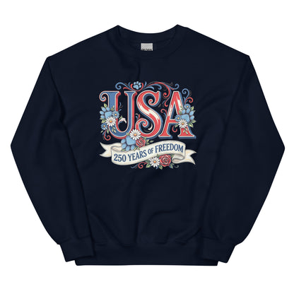 Navy blue sweatshirt with 'USA 250 Years of Freedom' text and floral design on a white background