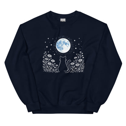 Navy blue sweatshirt with a cat and moon graphic on a white background