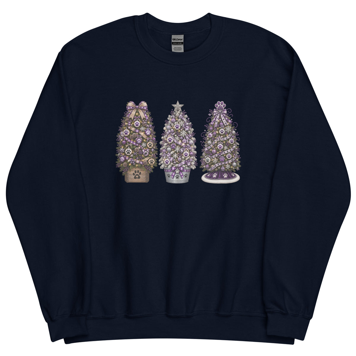A navy blue crewneck sweatshirt featuring a graphic print of three Christmas trees decorated with purple and lavender flowers, shown against a plain white background.
