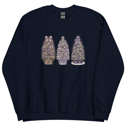 A navy blue crewneck sweatshirt featuring a graphic print of three Christmas trees decorated with purple and lavender flowers, shown against a plain white background.