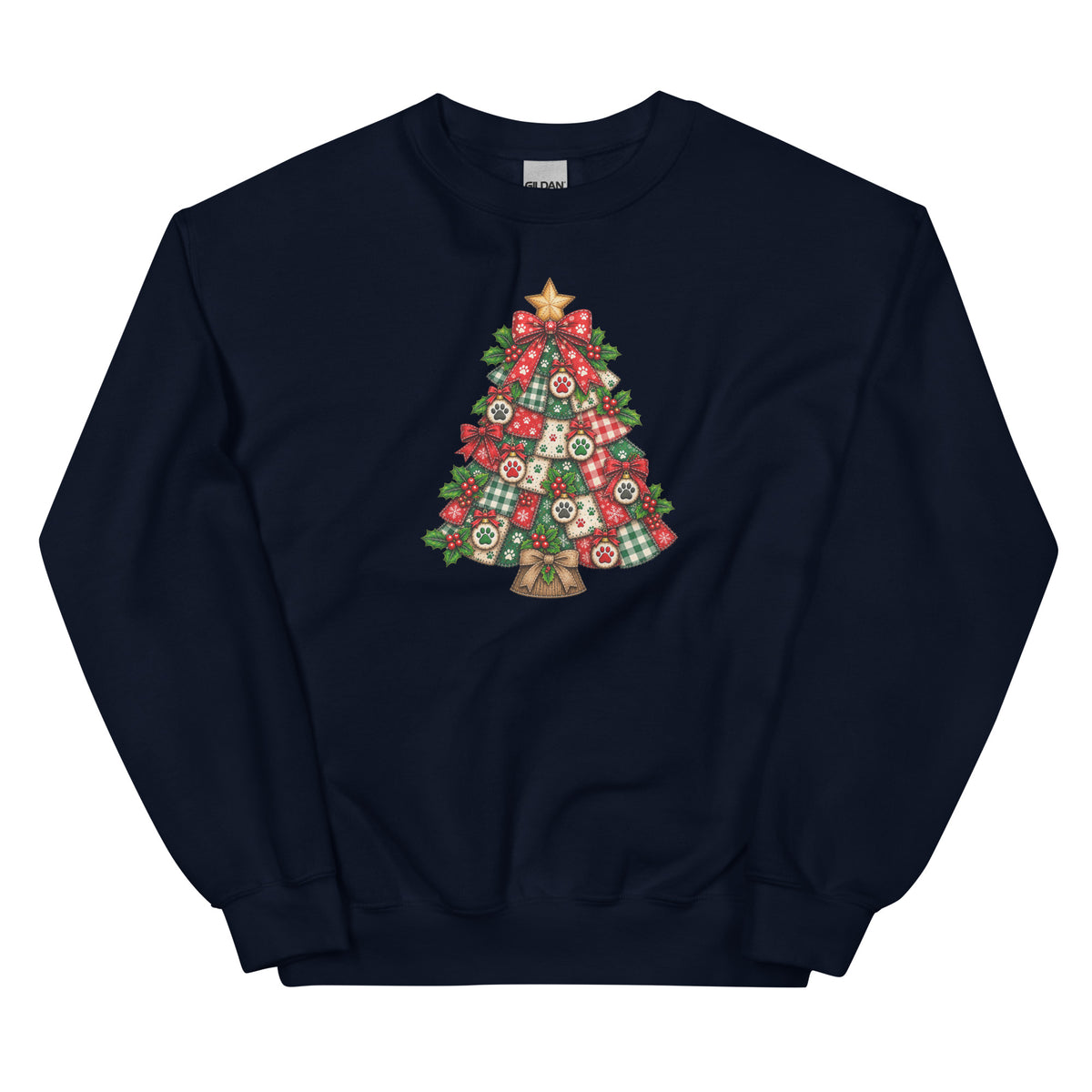 A navy blue crewneck sweatshirt featuring a colorful Christmas tree graphic on the chest, set against a plain white background.
