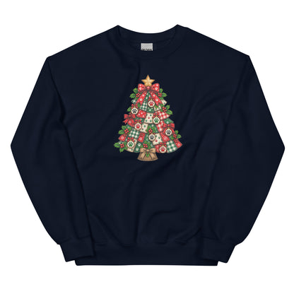 A navy blue crewneck sweatshirt featuring a colorful Christmas tree graphic on the chest, set against a plain white background.