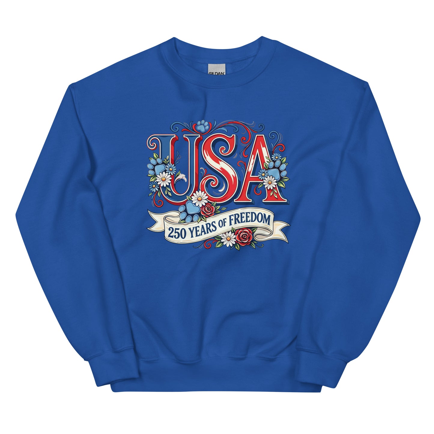 Blue sweatshirt with 'USA 250 Years of Freedom' design on a white background