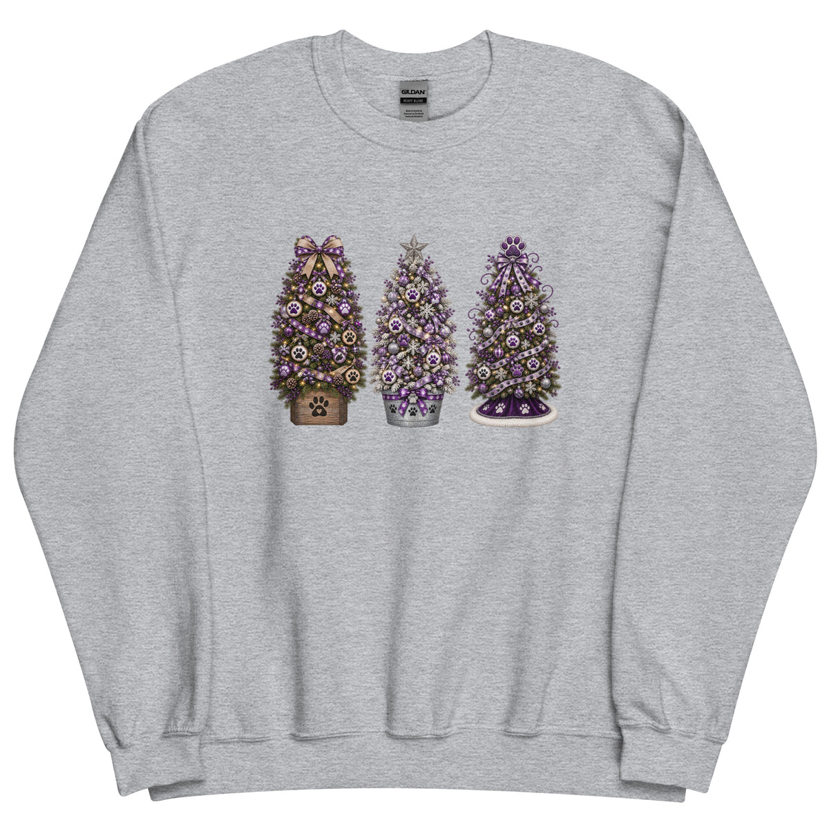 A heather gray crewneck sweatshirt featuring a graphic print of three decorated Christmas trees in purple, gold, and silver tones, displayed on a clean white background.