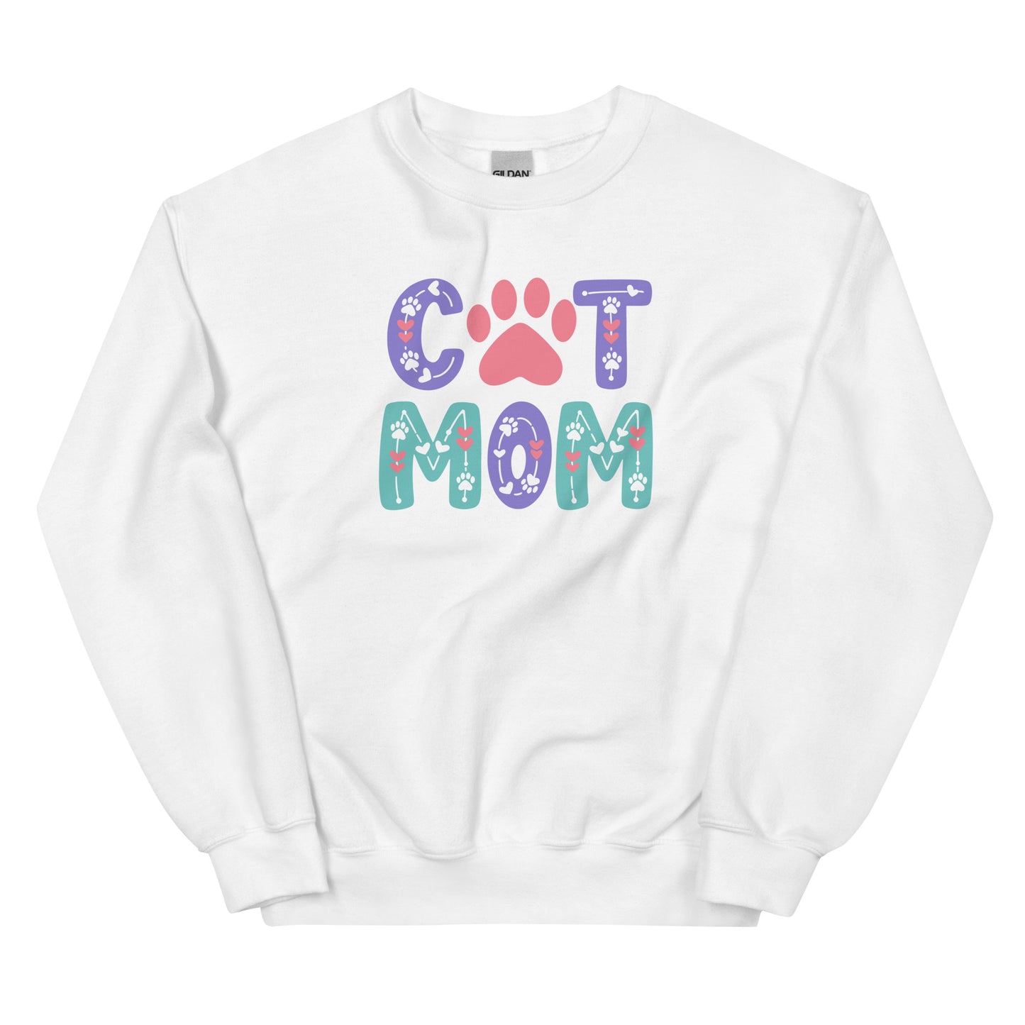 White sweatshirt with 'CAT MOM' text and paw print design on a white background