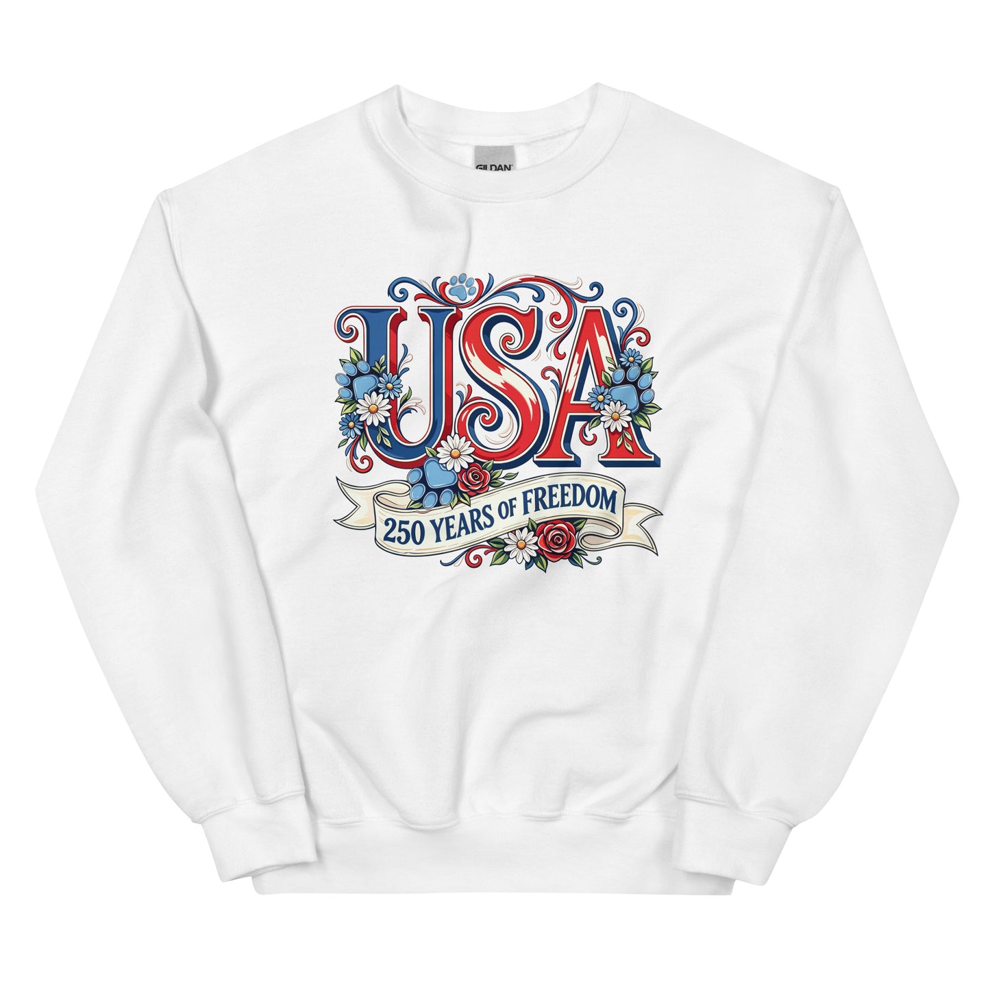White sweatshirt with 'USA 250 Years of Freedom' design on a white background