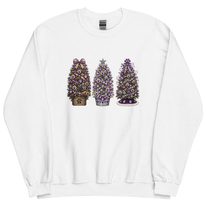 A white crewneck sweatshirt featuring a graphic print of three decorated Christmas trees in purple, silver, and brown tones, displayed against a clean white background.