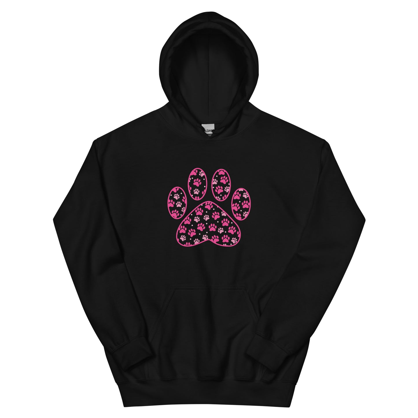 Paw Print in pink filled with mini pink paw prints on a black hoodie