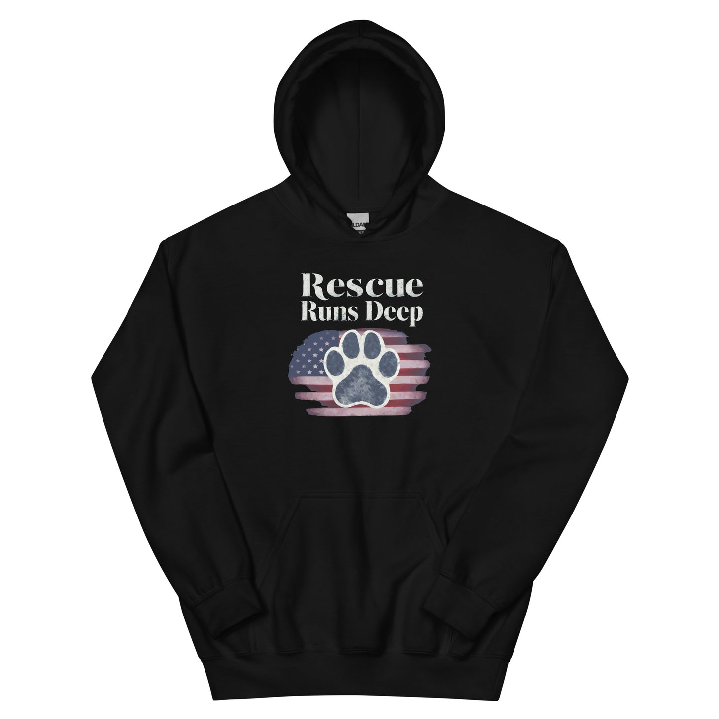 Black hoodie that features a paw print design with American Flag that says " Rescue Runs Deep"