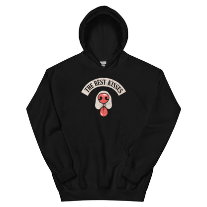 Black hoodie with a dog nose and tongue sticking out design that reads "the best kisses"  - on a white background