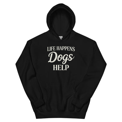 Black hoodie with a white logo and text on a white background