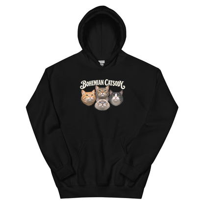 A black pullover hoodie with a small graphic print on the left chest. The graphic features 4 cats.