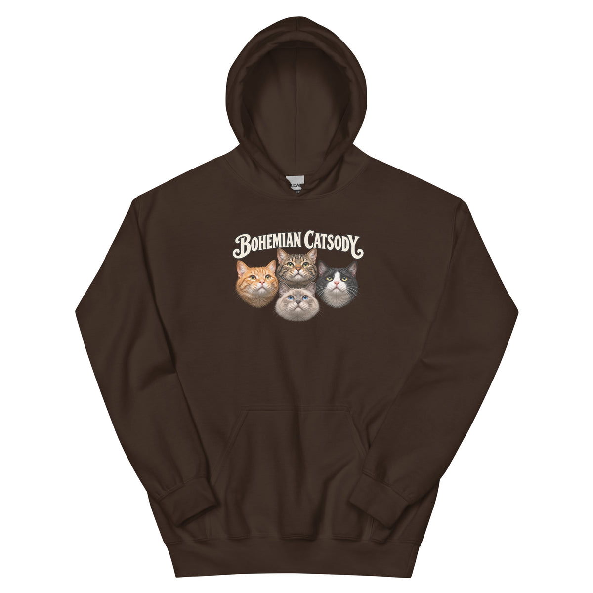 A brown pullover hoodie with 4 cats on the front.