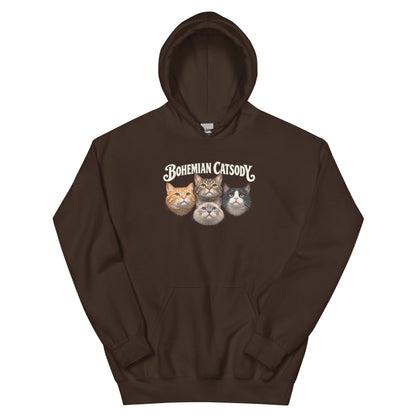 A brown pullover hoodie with 4 cats on the front.