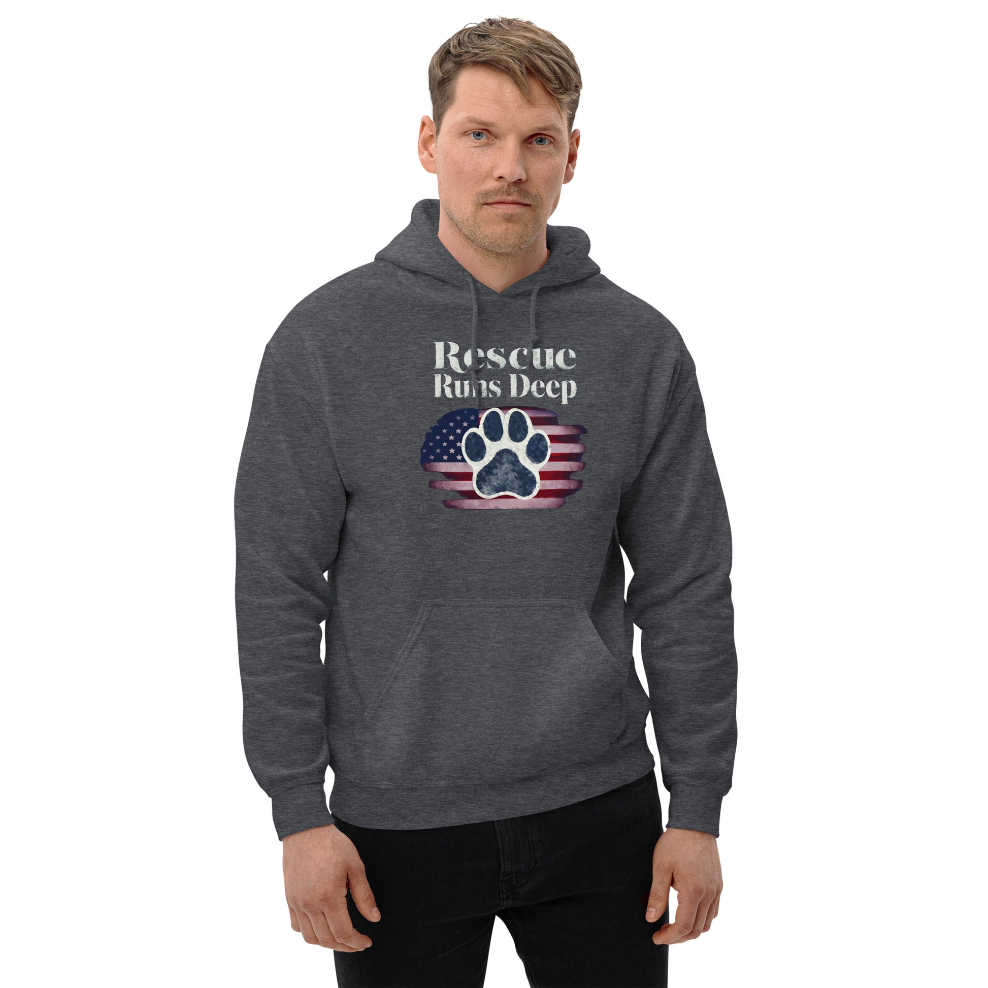 Male Model wearing gray hoodie that features a paw print design with American Flag that says " Rescue Runs Deep"