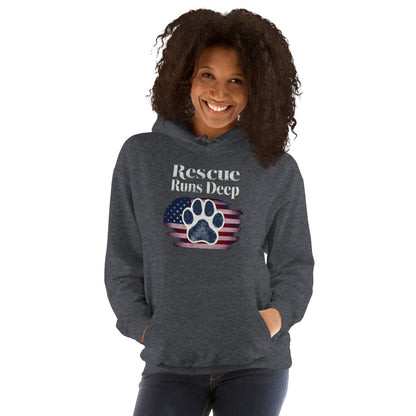 Female model wearing gray hoodie that features a paw print design with American Flag that says " Rescue Runs Deep"
