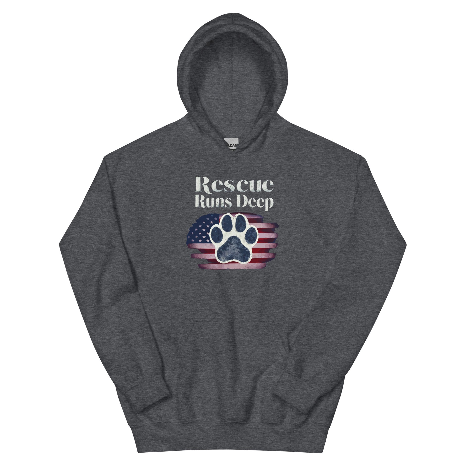 Dark Gray hoodie that features a paw print design with American Flag that says " Rescue Runs Deep"