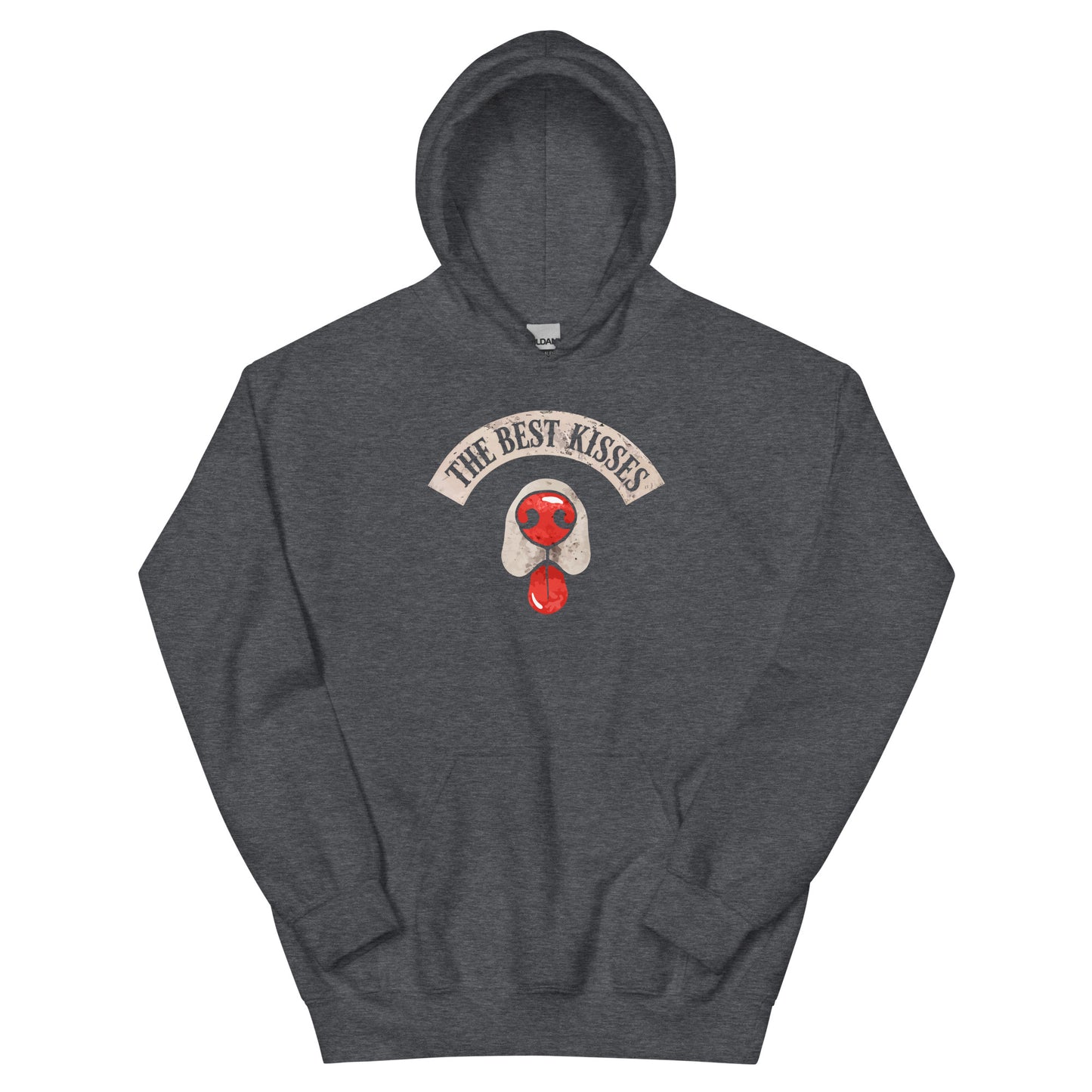 Dark Gray hoodie with a dog nose and tongue sticking out design that reads "the best kisses"  - on a white background