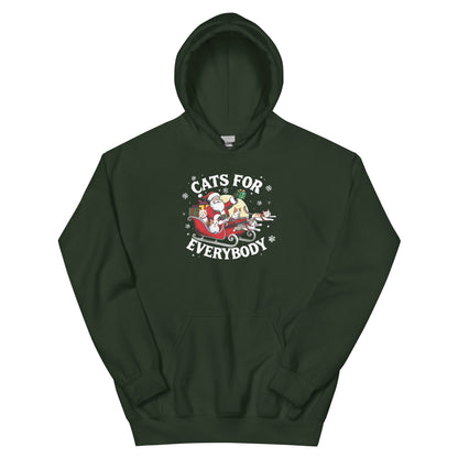 Dark Green Hoodie that says Cats for Everybody with an image of Santa in a Sleigh throwing out presents and cats
